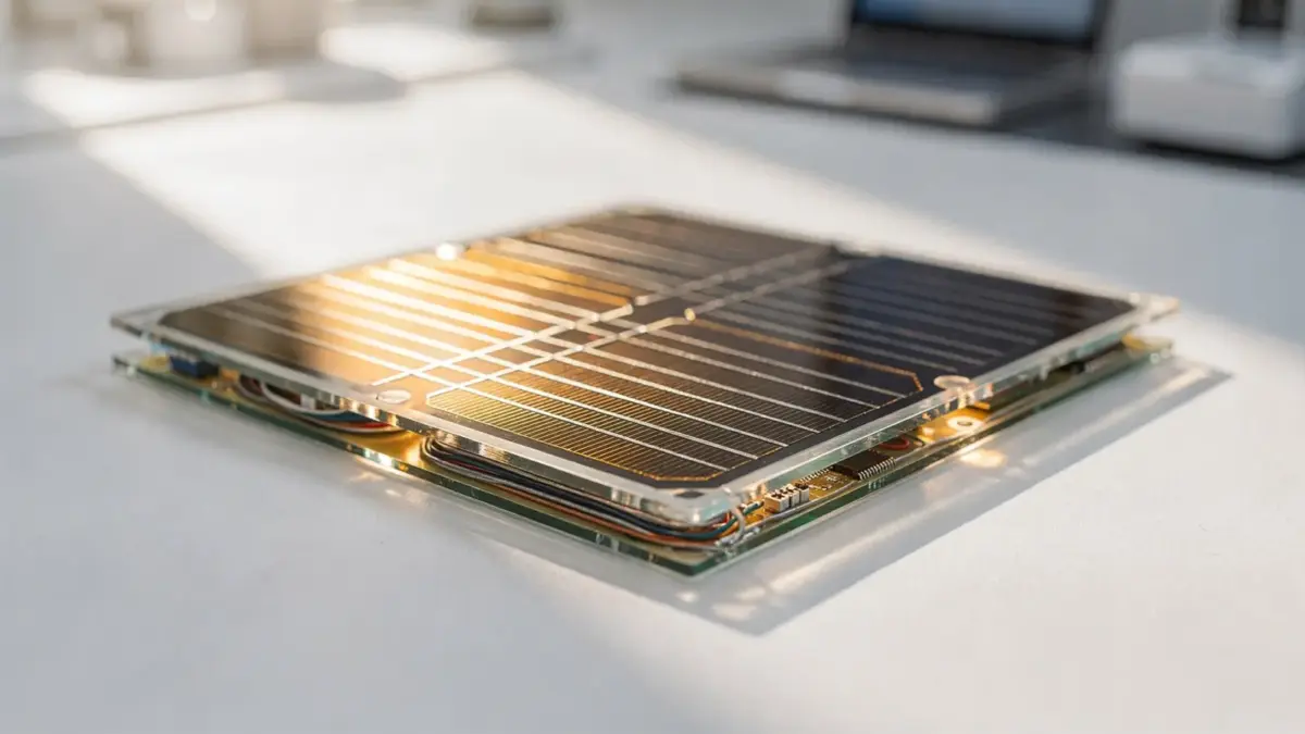 Solarzelle mit sichtbaren Halbleiter-Schichten und Licht, das auf die Moduloberfläche fällt