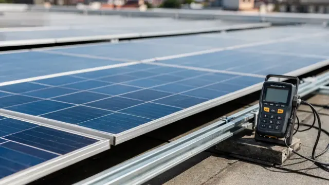 Photovoltaik-Module auf einem Dach neben einem Messgerät zur Wirkungsgradprüfung