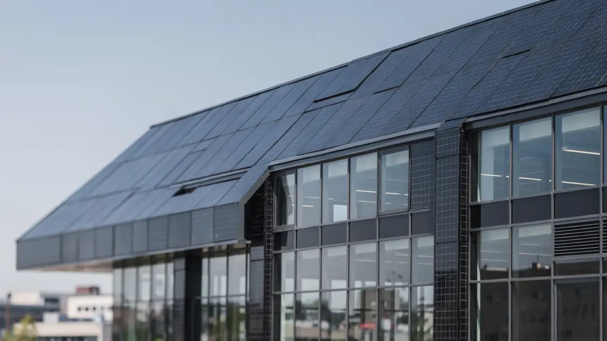 Moderne Gebäudehülle mit integrierten Solarmodulen in Fassade und Dach.