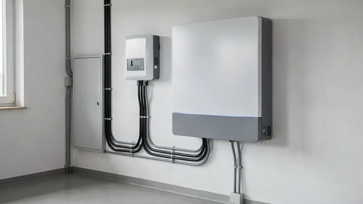 Batteriespeicher und Wechselrichter in einem Technikraum einer PV-Anlage