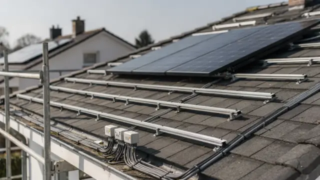 Photovoltaik-Montage auf einem Hausdach mit Gerüst, Solarmodulen und Elektrikerwerkzeug