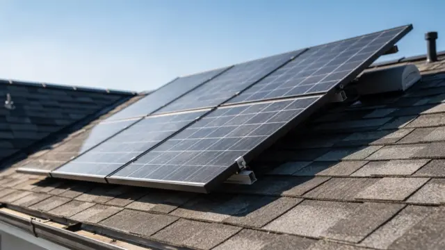 Schräg montierte Solarmodule auf einem Hausdach mit sichtbarem Neigungswinkel und blauem Himmel