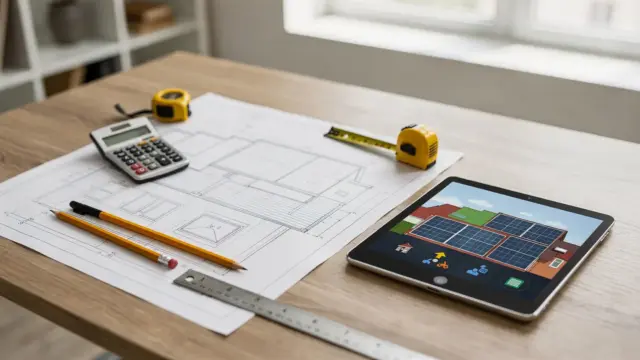 PV-Planungsunterlagen mit Dachplan, Taschenrechner und Solar-Layout auf dem Tisch