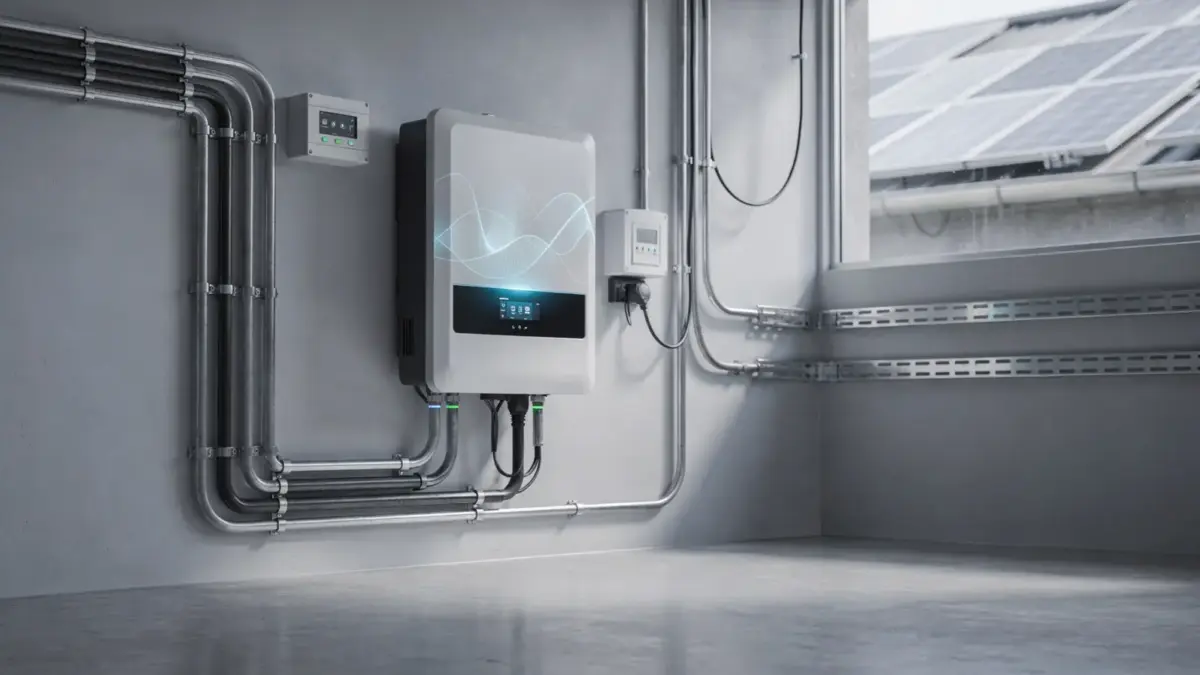 Photovoltaik-Wechselrichter neben Solarmodulen im Technikraum eines Hauses