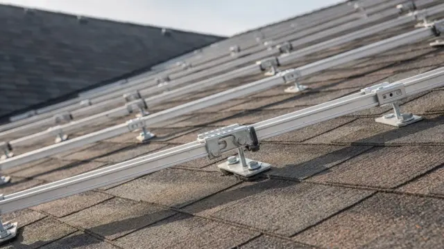 PV-Unterkonstruktion auf einem Dach mit Aluminiumschienen, Klemmen und Befestigungspunkten