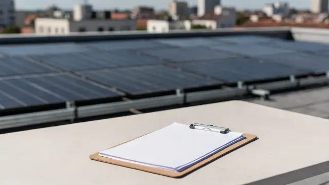 Mehrfamilienhaus mit Solarmodulen auf dem Dach und Förderunterlagen auf einem Tisch
