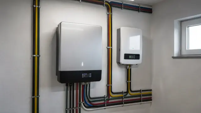 PV-Stromspeicher neben Wechselrichter und Sicherungskasten im Hauswirtschaftsraum