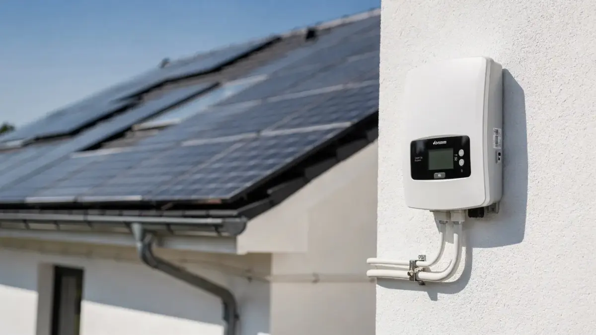 Dach mit Solarpanels, Wechselrichter und Stromzähler zur Berechnung des Break-even einer Solaranlage