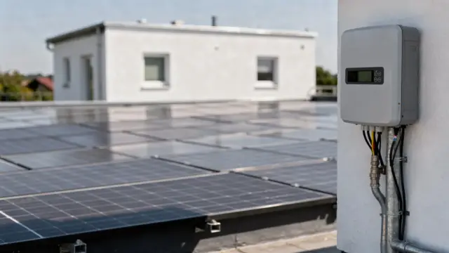 Photovoltaikanlage auf einem Hausdach mit Wechselrichter und Stromzähler zum Thema Einspeisevergütung