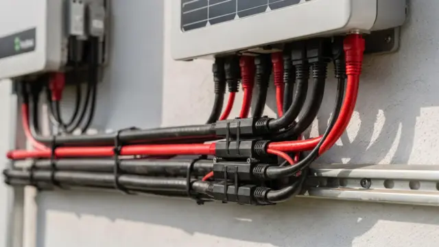 Solarkabel und Anschlussdose an einer Photovoltaikanlage auf dem Dach