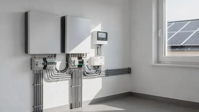 Photovoltaikanlage auf einem Hausdach mit Batteriespeicher und Stromzähler im Technikraum