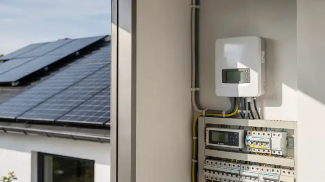 Photovoltaikanlage auf einem Hausdach mit Wechselrichter und Stromzähler zum Vergleich der Einspeisearten.