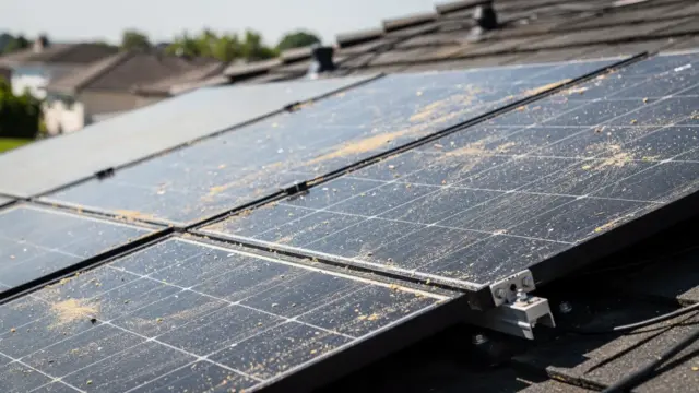 Verschmutzte Solarmodule auf einem Dach mit Staub- und Pollenablagerungen