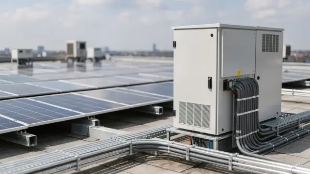 Photovoltaikanlage auf einem Firmengebäude mit Wechselrichter und Kabeln für die steuerliche Abschreibung