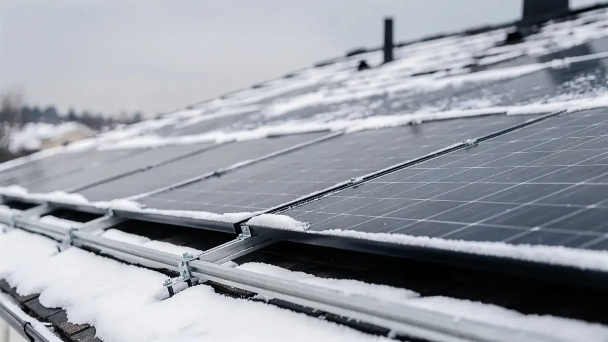 Verschneite Photovoltaikanlage auf einem Dach mit Solarmodulen und Schneeschicht im Winter