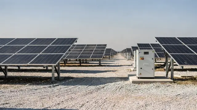 Freiflächen-Photovoltaikanlage mit Solarmodulen auf offener Fläche und technischem Zubehör