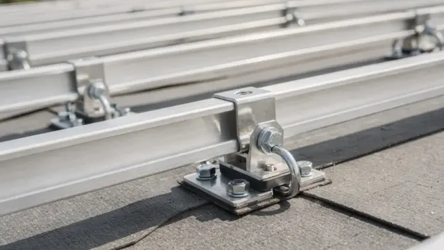 PV-Unterkonstruktion mit Montageschienen, Dachhaken und Trennlagen an Schraubverbindungen