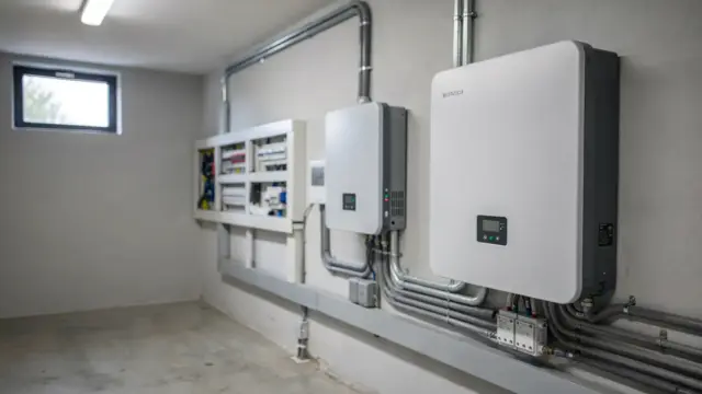 Batteriespeicher mit Wechselrichter und Sicherungskasten in einem Hausanschlussraum