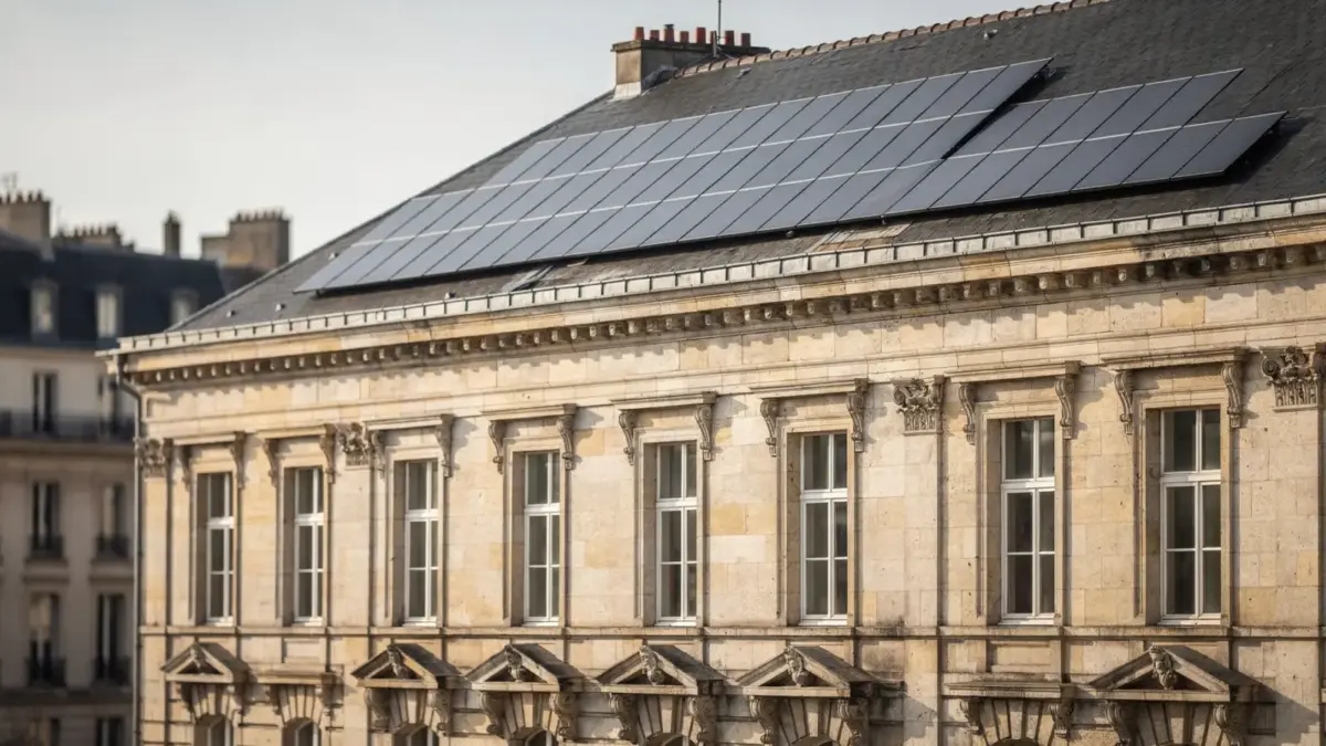 Denkmalgeschütztes Haus mit unauffälligen Solarmodulen auf dem Dach