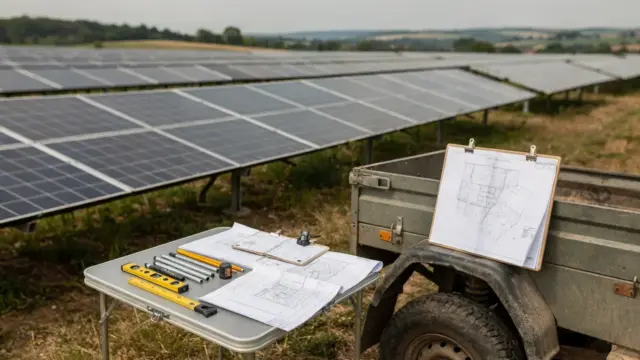 Planungsunterlagen und Messwerkzeuge liegen vor einer Freiflächen-Solaranlage im Feld.