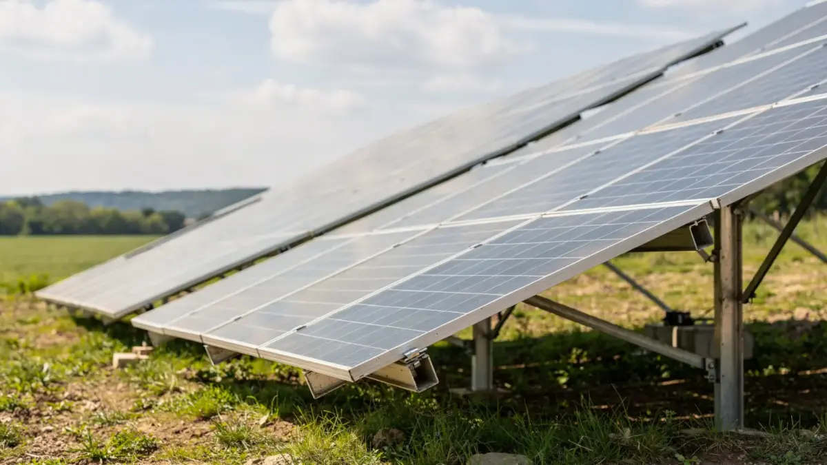 Freiflächen-Photovoltaikanlage auf Gestellen in einer offenen Wiese mit mehreren Solarmodulreihen