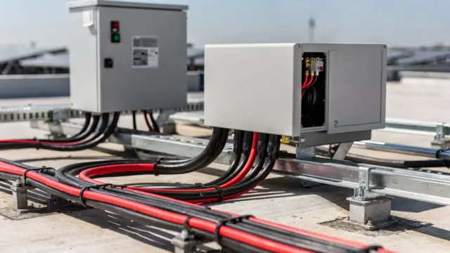 PV-Anlage auf dem Dach mit Kabeln, Steckverbindern und Wechselrichter im Blickfeld des Brandschutz-Themas