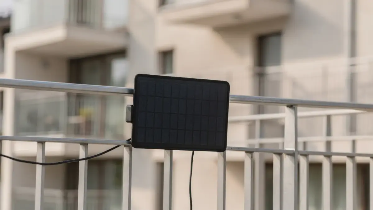 Balkon einer Wohnanlage mit befestigtem Solarmodul an der Brüstung und Blick auf die Fassade.
