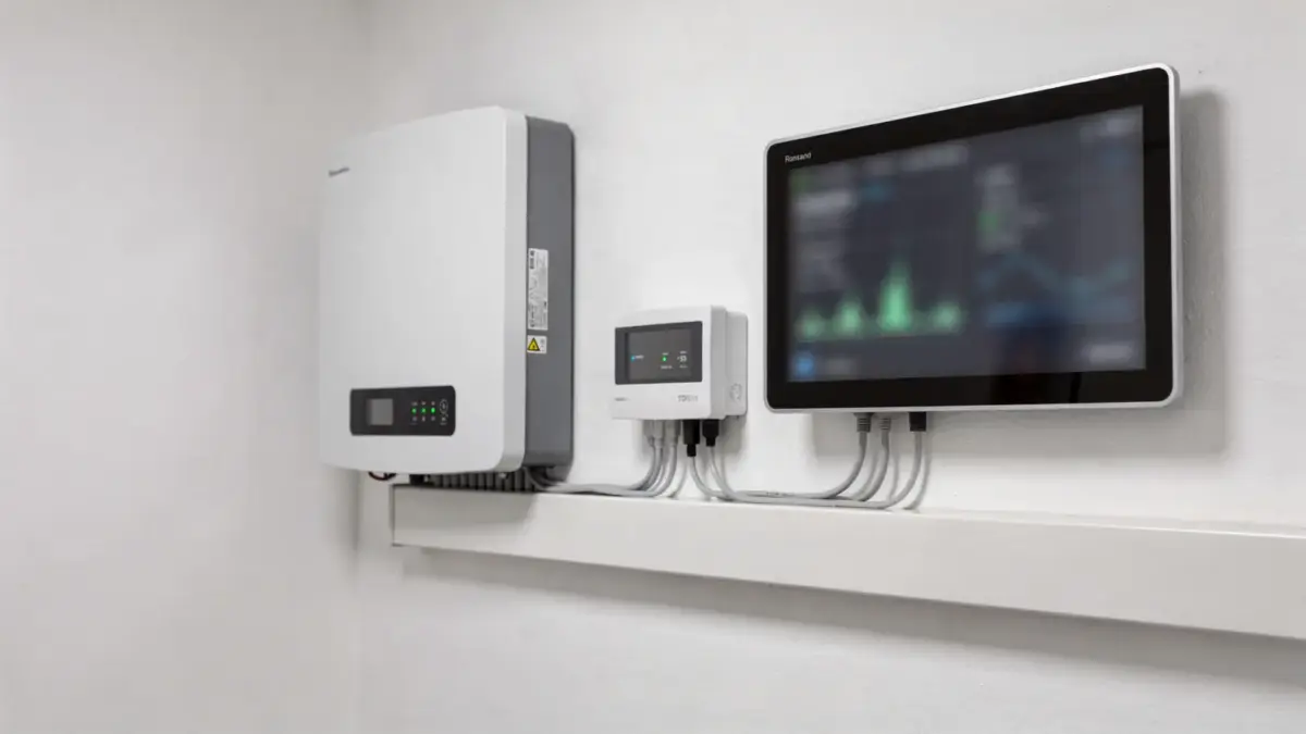 PV-Wechselrichter und Smart Meter im Technikraum mit Monitor für Solar-Monitoring