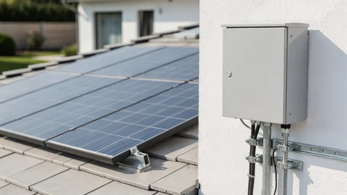 Dach mit Photovoltaikmodulen, Hausanschlusskasten und Erdungskabel für Blitz- und Überspannungsschutz