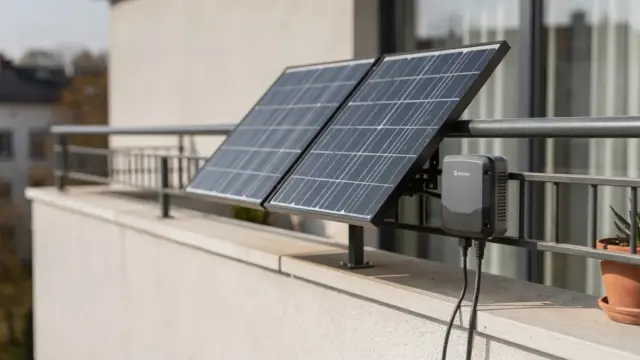Balkonkraftwerk mit Solarmodul, Wechselrichter und Anschlussleitung auf einem Balkon