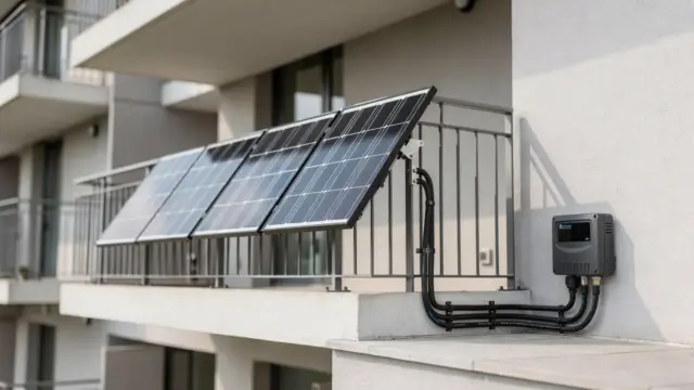 Balkonkraftwerk mit Solarmodulen und Wechselrichter auf einem Wohnungsbalkon