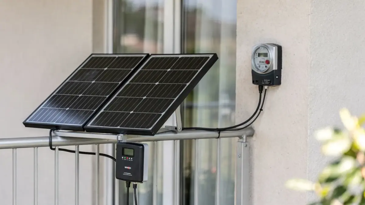 Balkonkraftwerk mit Solarmodulen am Balkongeländer und kleinem Wechselrichter in einer Wohnung