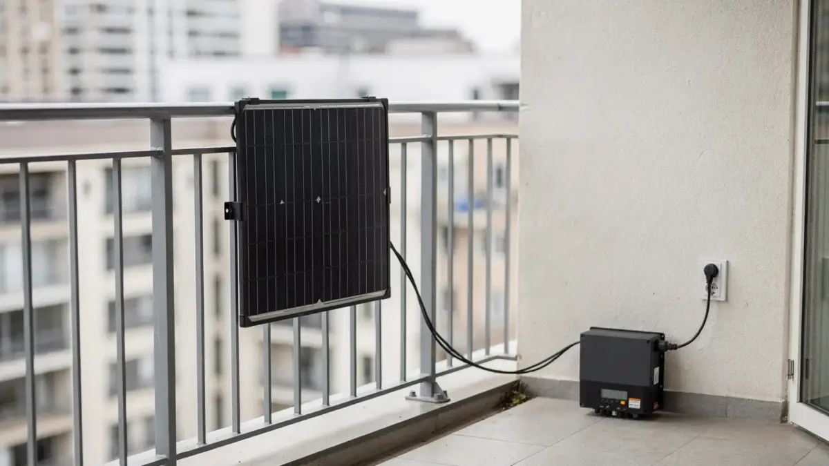 Balkonkraftwerk auf einem Mieterbalkon mit Solarmodul, Wechselrichter und Steckdose
