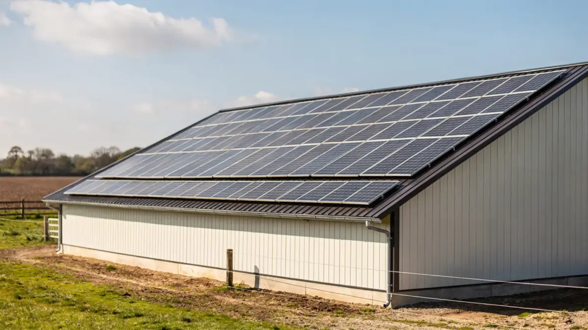 Stallgebäude mit Solarmodulen auf dem Dach in einer landwirtschaftlichen Umgebung