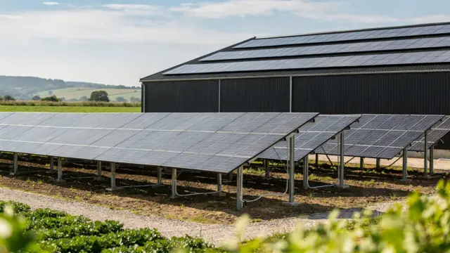 Scheune mit Solarmodulen und Freiflächenanlage neben Feldern, Thema Förderung für landwirtschaftliche PV-Anlagen