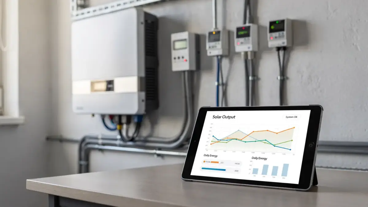 Tablet mit Ertragskurve und Daten einer PV-Anlage neben Wechselrichter und Sensorkabeln