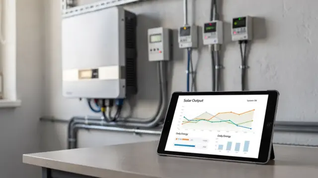 Tablet mit Ertragskurve und Daten einer PV-Anlage neben Wechselrichter und Sensorkabeln