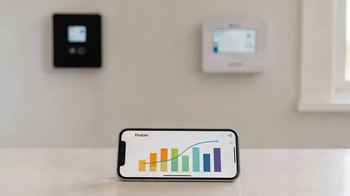 Smartphone mit PV-Monitoring-App neben Wechselrichter und Stromzähler in einem Technikraum