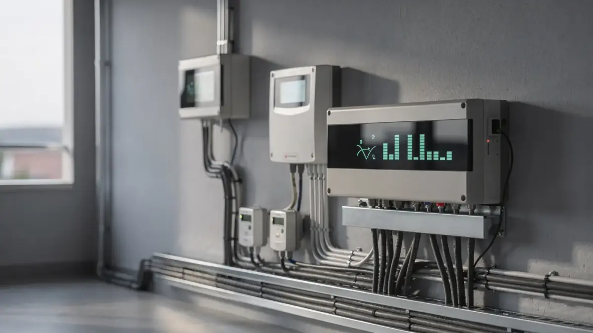 PV-Monitoring-System mit Wechselrichter, Energiemessgerät und Sensoren in einem Technikraum