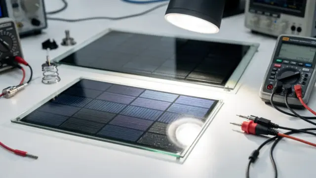 Solarzelle auf einem Modul neben Messgeräten im Labor für Photovoltaik.