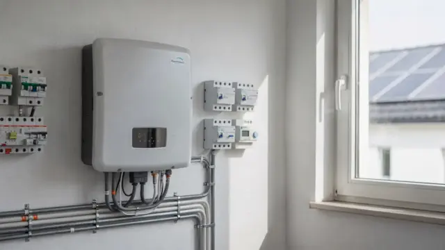 Wechselrichter in einem Technikraum neben einer PV-Anlage mit Kabeln und Sicherungen