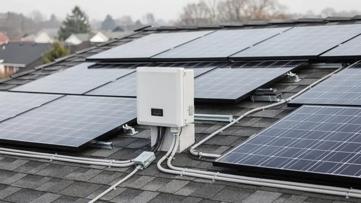 String-Wechselrichter an einer PV-Anlage mit Solarmodulen auf dem Hausdach