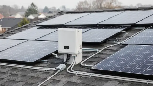 String-Wechselrichter an einer PV-Anlage mit Solarmodulen auf dem Hausdach