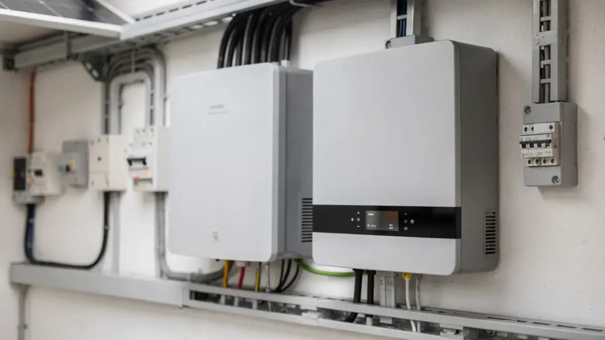 Hybridwechselrichter neben einem Batteriespeicher in einem Technikraum einer Solaranlage
