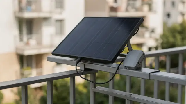 Balkonkraftwerk an einem Balkon mit Solarmodul, Wechselrichter und Anschlusskabel in einer Wohnanlage.