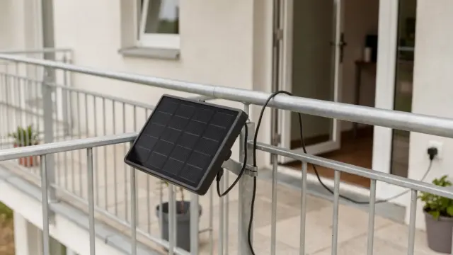 Steckbares Balkonkraftwerk am Balkon einer Mietwohnung mit Anschlusskabel zur Steckdose