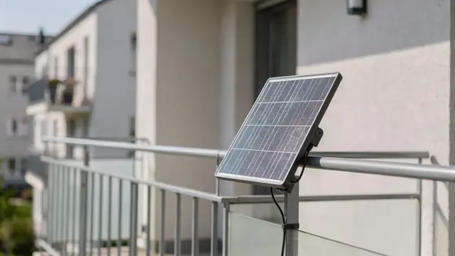 Balkon einer Mietwohnung mit außen montiertem Solarmodul an der Brüstung