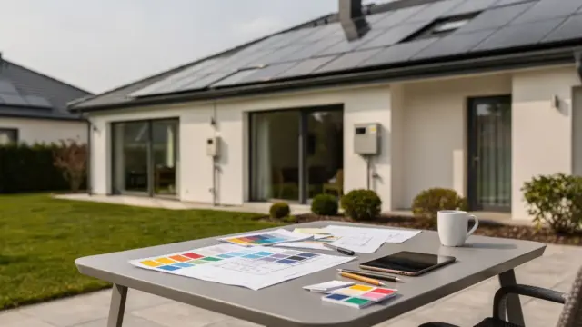 Einfamilienhaus mit Solarmodulen auf dem Dach und Stromzähler am Hausanschluss bei der PV-Planung