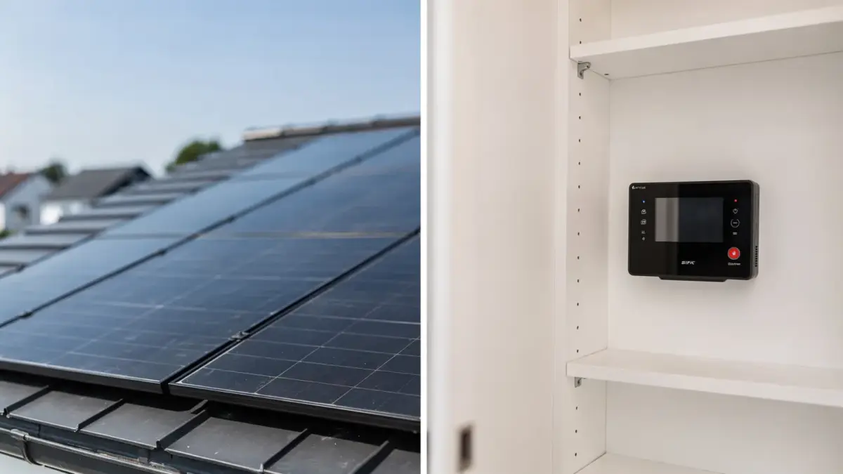 Photovoltaikanlage auf dem Dach eines Einfamilienhauses mit Hausanschluss und Stromzähler