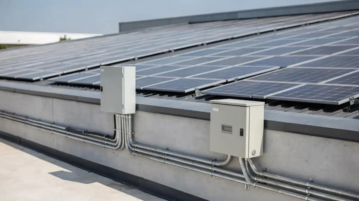 Gewerbliche Photovoltaikanlage auf einem Firmendach mit Wechselrichter und Stromzähler